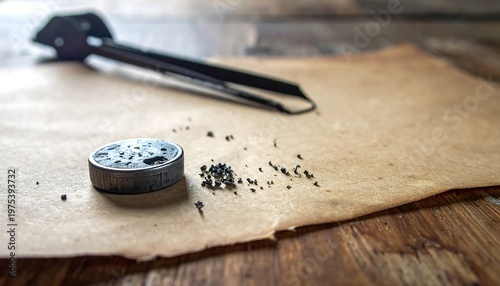 A small metallic disc with debris, placed on worn paper, with a tool