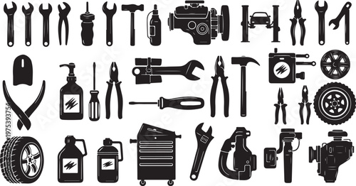 Collection of car repair tools and equipment icons set