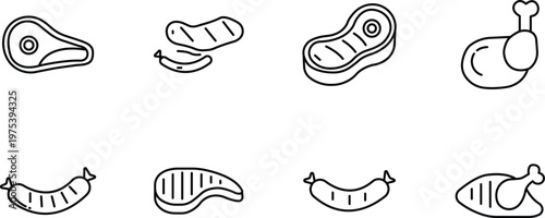 Chicken meat cuts line icons set isolated on transparent background