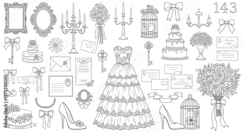 Elegant Wedding Elements Collection Hand Drawn Sketch Style.