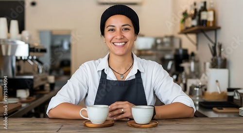 Smiling Barista Woman Serving Coffee at Counter.