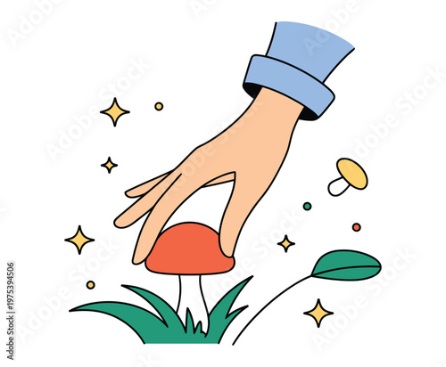Forest mushroom foraging concept, hand picking a mushroom among grass shapes, enhanced with sparkle accents and leaf icon, clean graphics for nature, hiking, and culinary design 