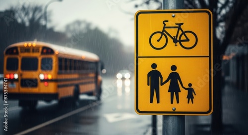 School zone sign with bicycle and pedestrian symbols on a rainy day with a school bus in the background