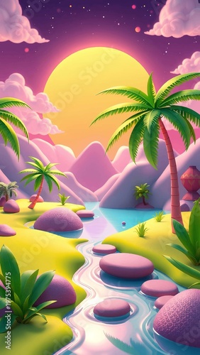 Vibrant Fantasy Tropical Landscape with Pink Mountains, Palm Trees, and Dreamy River