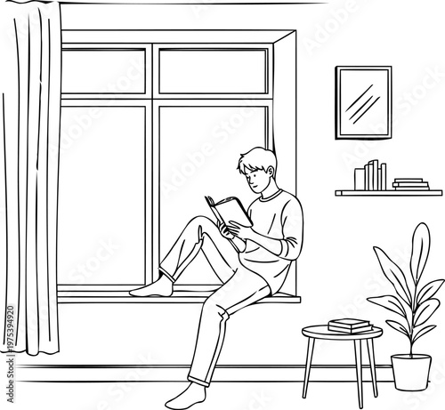 Student reading book on window sill at home, peaceful study vector