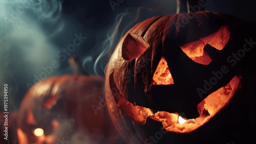 Closeup view of a jackolantern that is lit during Halloween night with smoke in the background and other pumpkins visible