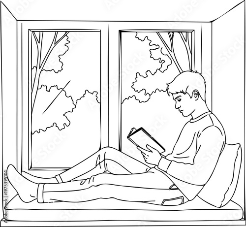 Young man reading book by window, peaceful solitude line art vector