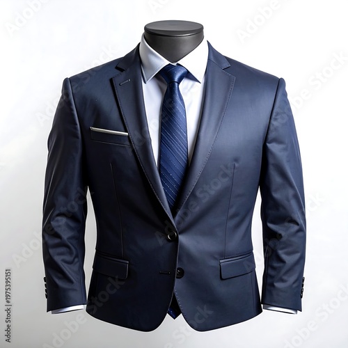 A smart, tailored navy suit displayed on a dark-headed mannequin