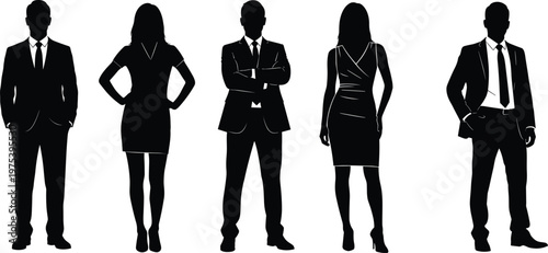 Professional business silhouettes featuring men and women in suits, standing in confident poses, for corporate marketing and creative design projects.