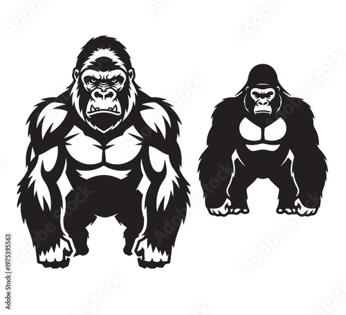 Powerful black and white illustrations of formidable gorillas, showcasing their impressive strength and untamed wildlife spirit as majestic primates