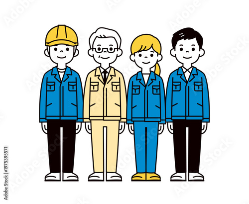 作業服を着た社長・経営者・上司と複数の男性社員・女性社員の全身ベクターイラスト素材セット