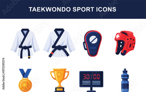 Collection of Taekwondo Sport Icons Uniform, Trophy, Monitor, and Protective Gear