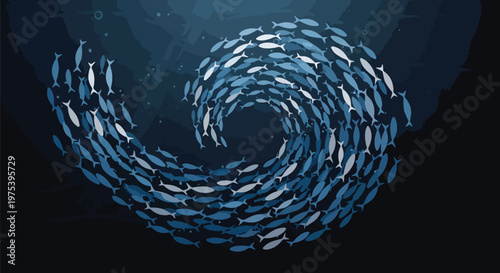 Abstract Swirl Of Blue Fish Underwater Minimal Illustration
