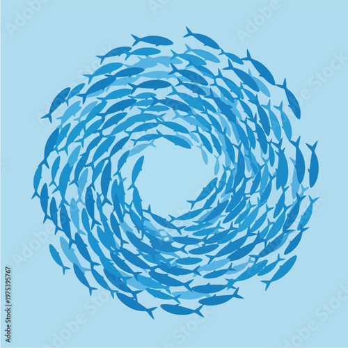Abstract Swirl Pattern Of Blue Fish School On Light Background