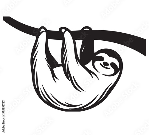 A charming cartoon illustration of a serene, slow-moving sloth gracefully hanging upside down from a sturdy tree branch, embodying a relaxed animal concept in nature, ideal for playful designs