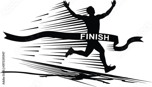 Runner, crossing, finish, line, silhouette, winning, race, athlete, victory, marathon, success, achievement, man, sprinting, competition, motion, celebration, isolated, white, background.