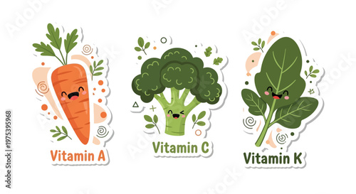 Cute cartoon vegetables representing vitamins A, C, and K, including a carrot, broccoli, and spinach, on a clean white background.