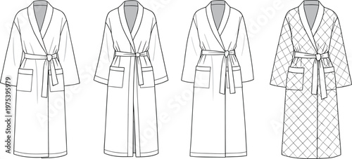 CAD drawing flat vector illustration of bathrobe technical fashion sketch front view with belt, pockets, plain and quilted styles