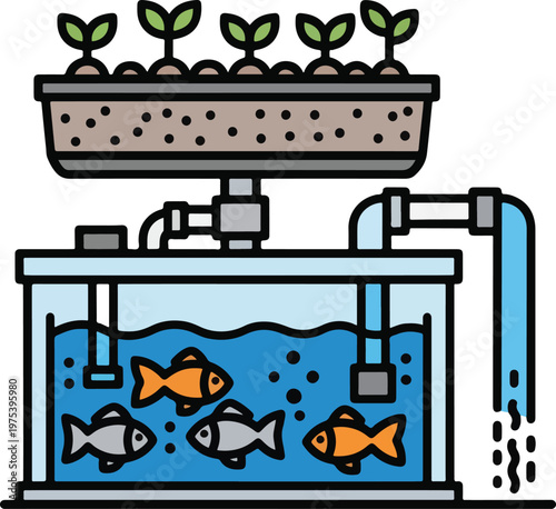 Aquaponics System Vector Illustration With Fish Tank And Plant Grow Bed