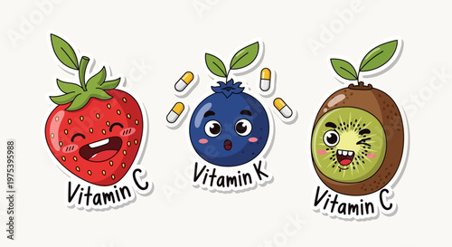 Cute cartoon fruits with happy faces representing different vitamins like C and K, isolated on a light background.
