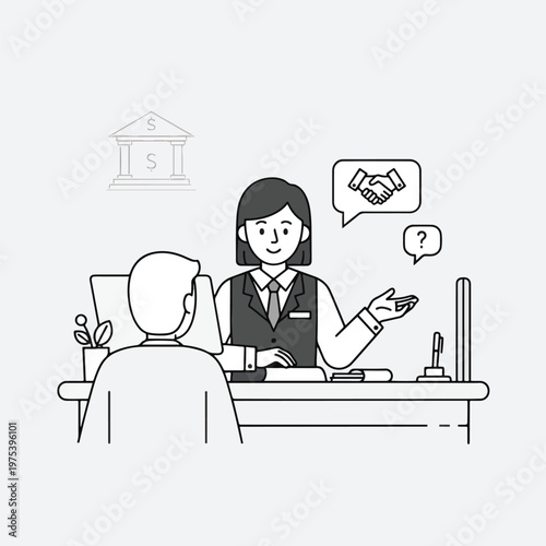 Bank Teller Talking To Customer Flat Design Minimal Illustration Vector