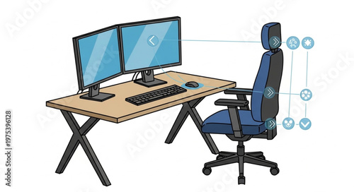 Ergonomic workspace setup with dual monitors and comfortable chair.