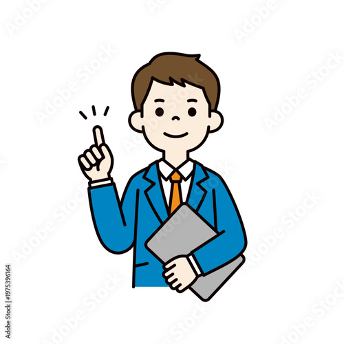 ノートパソコンを片手に持って、ポイントを説明するビジネスマンの上半身ベクターイラスト素材