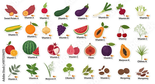 An illustrative guide to various fruits and vegetables and their associated vitamin content, showcasing a diverse range of healthy food options.