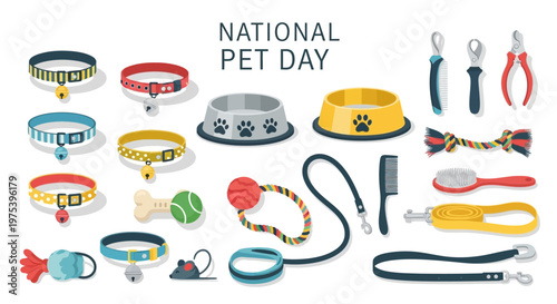 A flat lay vector illustration showcases various pet accessories arranged against a clean white background, promoting pet care awareness and the pet lover lifestyle with a vibrant color