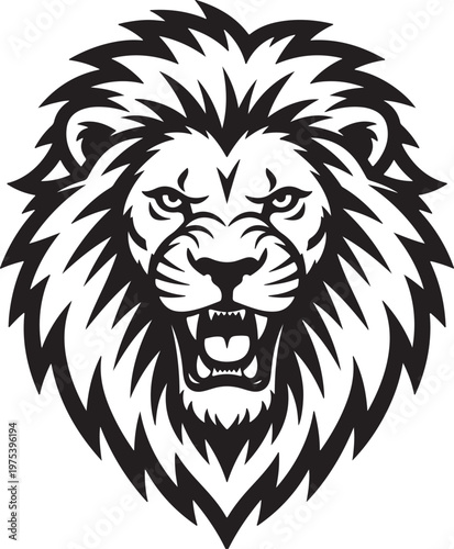 A striking and fierce illustration of a majestic lion's head, roaring with untamed power and a commanding presence, perfect as a bold symbol or emblem for strength
