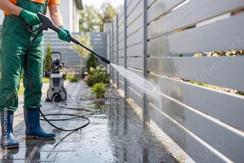 Professional worker using high pressure washer to clean metal fence and patio pavement in residential backyard. Outdoor maintenance, home cleaning and power washing service concept.