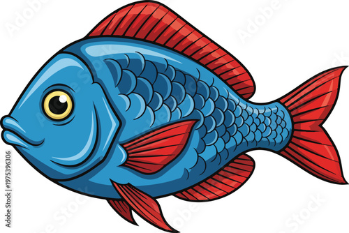 Blue And Red Pixel Art Fish Isolated Vector Object