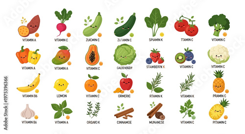 Cartoon illustration of various fruits, vegetables, and herbs with their associated vitamins and nutritional benefits.