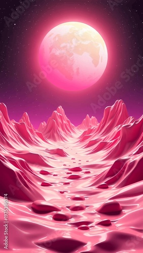 Alien Planet Landscape with Glowing Pink Moon and Surreal Magenta Hills Under a Starry Sky