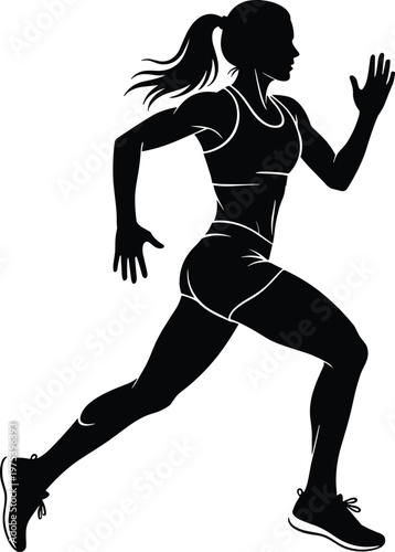 Running, woman, silhouette, black, vector, athlete, fitness, exercise, jogging, sports, active, lifestyle, cardio, workout, training, health, marathon, isolated, white, background.