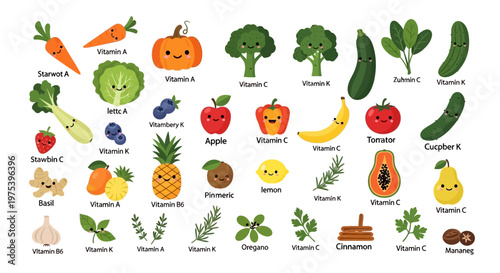 A vibrant cartoon illustration showcasing a variety of fruits, vegetables, and herbs, each with a cute face and labeled with its key vitamin content, promoting healthy eating.