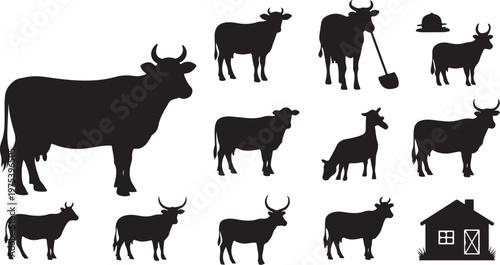 Black silhouettes of cows and farm icons on white