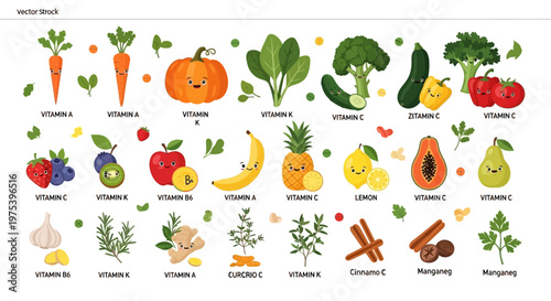 Cute cartoon fruits, vegetables, herbs, and spices with happy faces, labeled with their associated vitamins and minerals, promoting healthy eating.