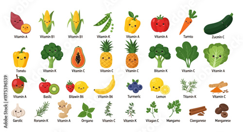 Cute cartoon fruits, vegetables, and herbs with happy faces, illustrating their vitamin and mineral content for healthy eating and nutrition education.