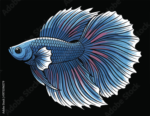 Blue Betta Fish Pixel Art Illustration On Black Background Vector