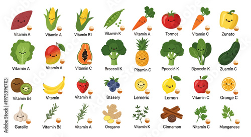 Colorful cartoon illustration of various fruits, vegetables, and herbs, each labeled with the specific vitamin or mineral content they provide for a healthy diet.