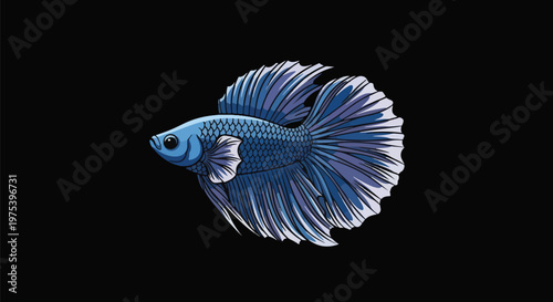 Blue Betta Fish Pixel Art Illustration On Black Background