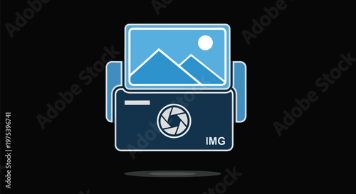 Blue Camera Icon Printing Photo With Mountains On Black Background