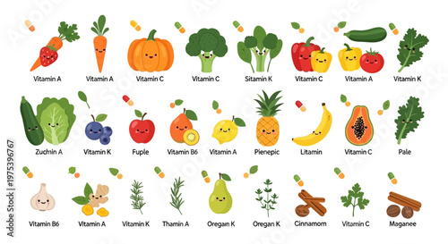 A colorful infographic illustrating various fruits, vegetables, and herbs, each with a cute face, highlighting the specific vitamins and minerals they provide.