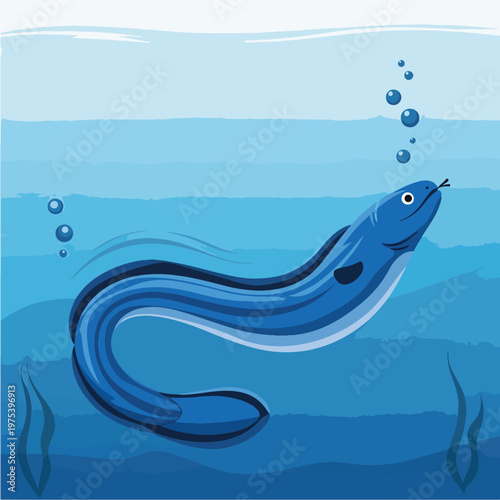 Blue Eel Swimming Underwater In Pixel Art Vector Style