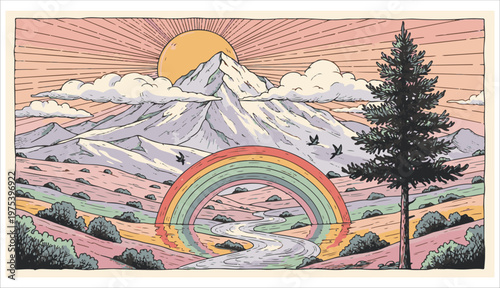 Vintage style illustration of mountain landscape with rainbow and pine tree for outdoor adventure branding or retro travel poster and nature graphic design