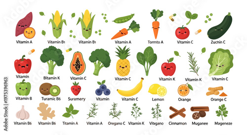 A colorful infographic showcasing various fruits, vegetables, herbs, and spices, each labeled with the specific vitamin or nutrient it provides, promoting healthy eating.