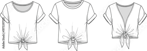 Tie front crop top fashion sketch, short sleeve shirt design, flat vector template, apparel illustration, CAD drawing for design mockups
