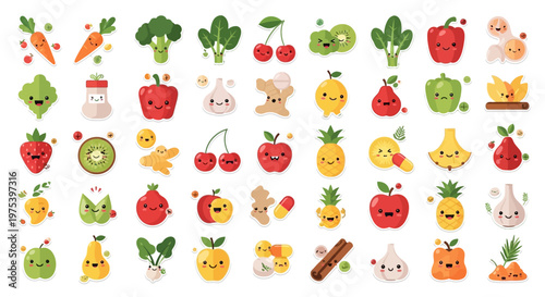 A collection of cute, smiling cartoon fruits, vegetables, and spices on a white background, depicting healthy food items with happy expressions.