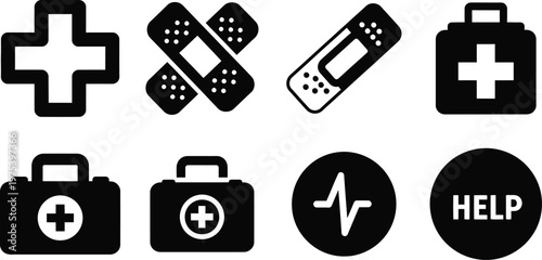 First Aid Kit and Medical Help Icon Set for Nurse Day with Heartbeat Symbols